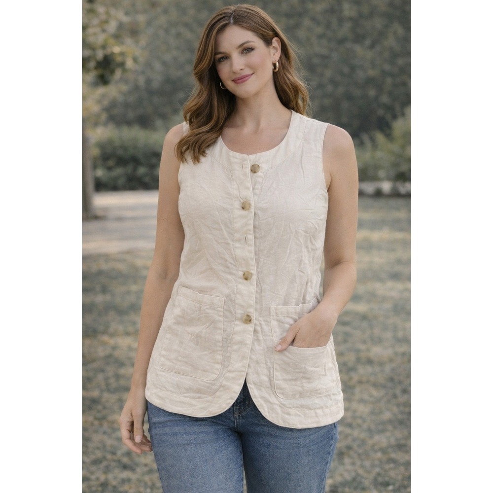 House of Harlow 1960 Cream Linen Blend Button Front Vest Cinch Back Womens 6